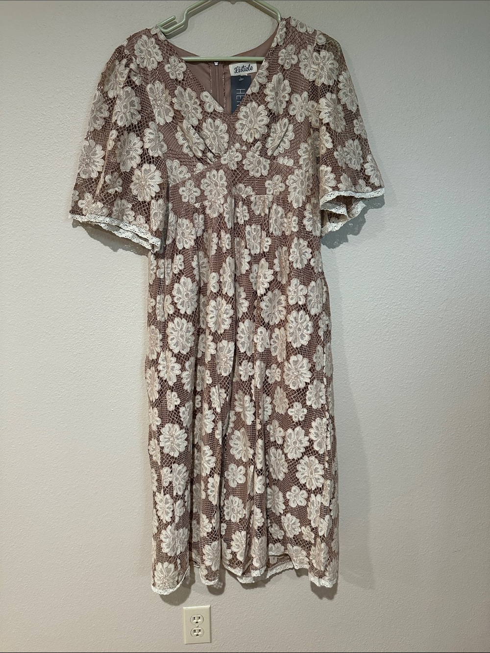 Stitched Floral Lace Midi Dress in Taupe and Ivory by Stitch'd